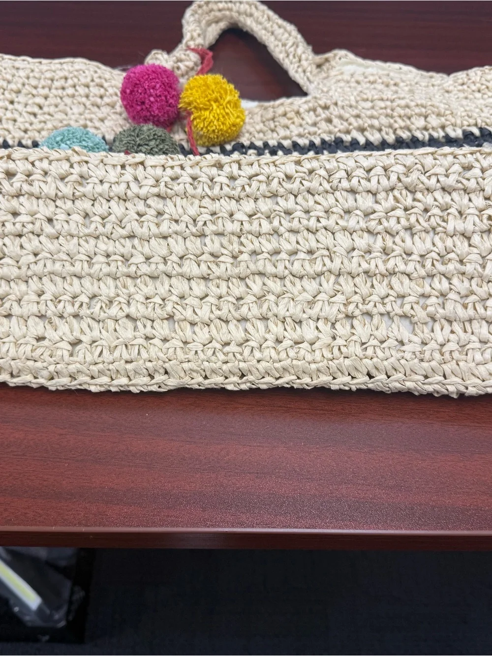 Handwoven Paper Yarn Tote Bag with Colorful Pom-Pome - Cream & Black